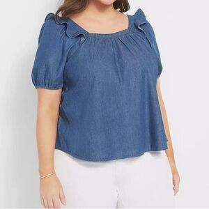 Lane Bryant Short Sleeve Ruffle Square Neck Blue denim look Blouse Top 24